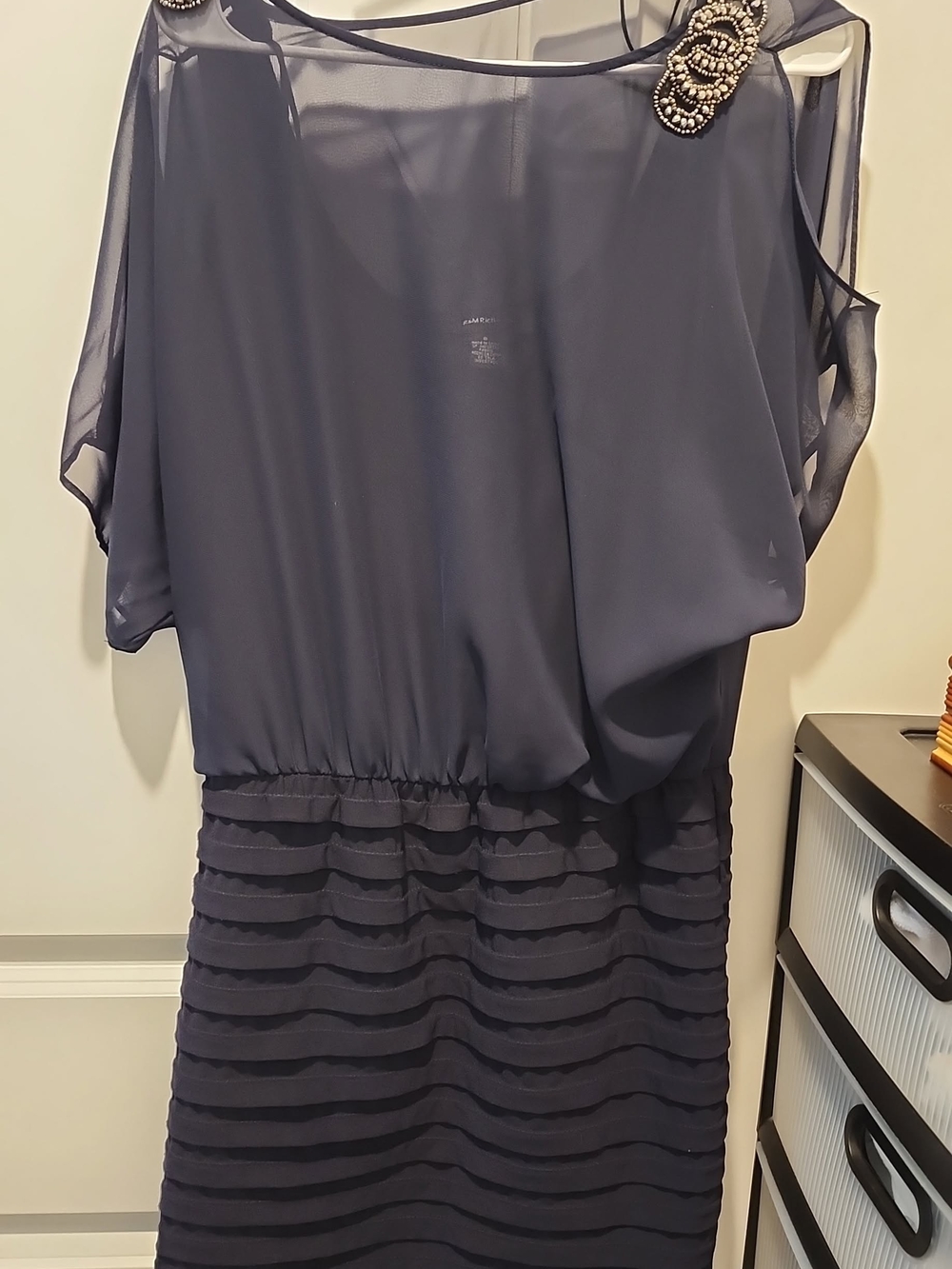 R&M Richards Navy Chiffon Midi Dress with Beaded Shoulders